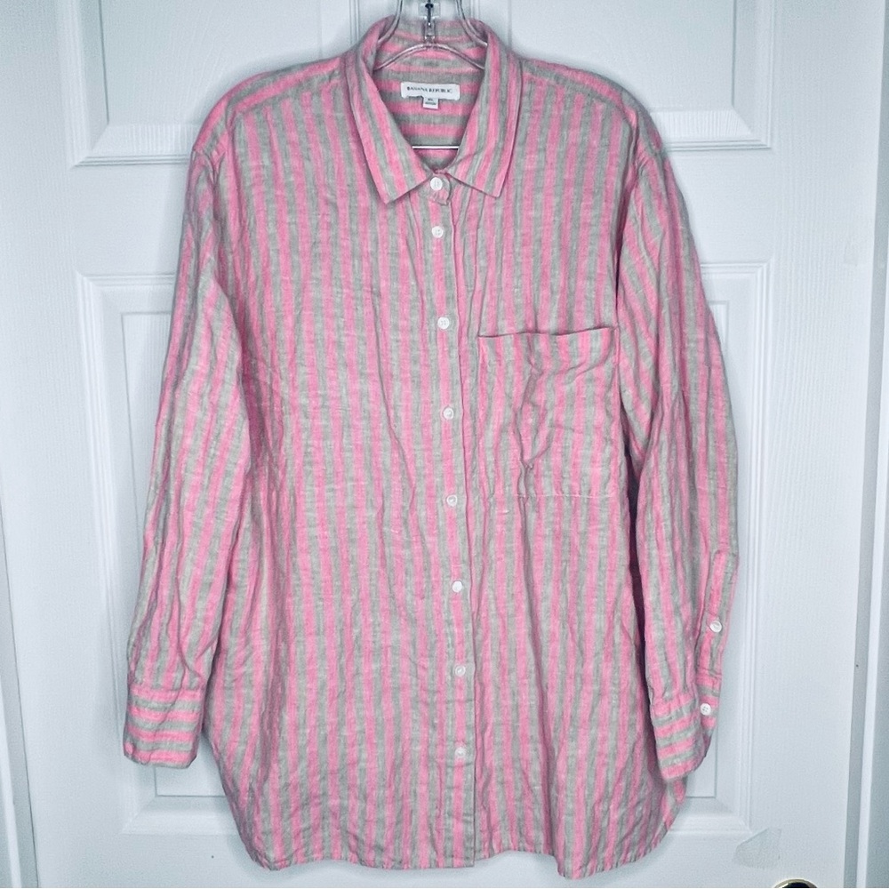Banana Republic Sz XL Pink and Gray Striped Shirt 100% Linen oversized